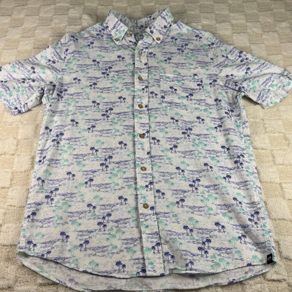 Southern Tide Mens Small White Blue Shark Palm Tree Linen Blend SS‎ Button Down